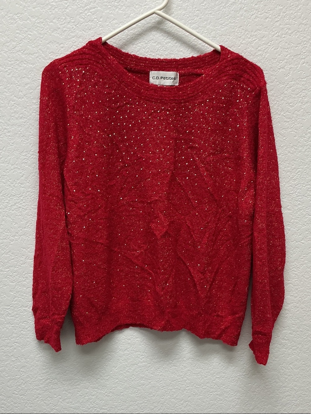 C.D. Petites Red Sparkle Crewneck Sweater